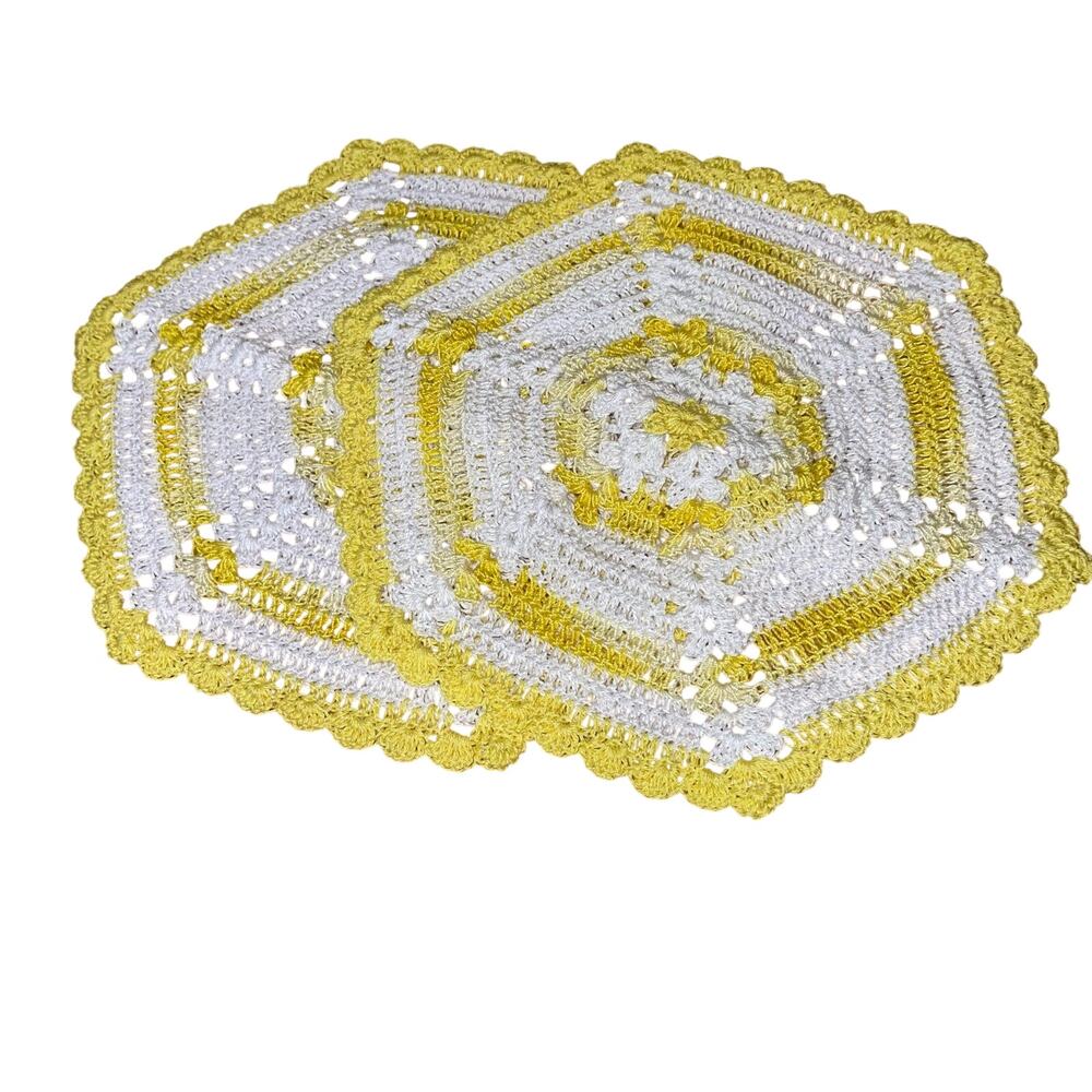 Yellow Hexagonal Doilies Crochet Vintage Handmade Set of 2 Home Decor Accent